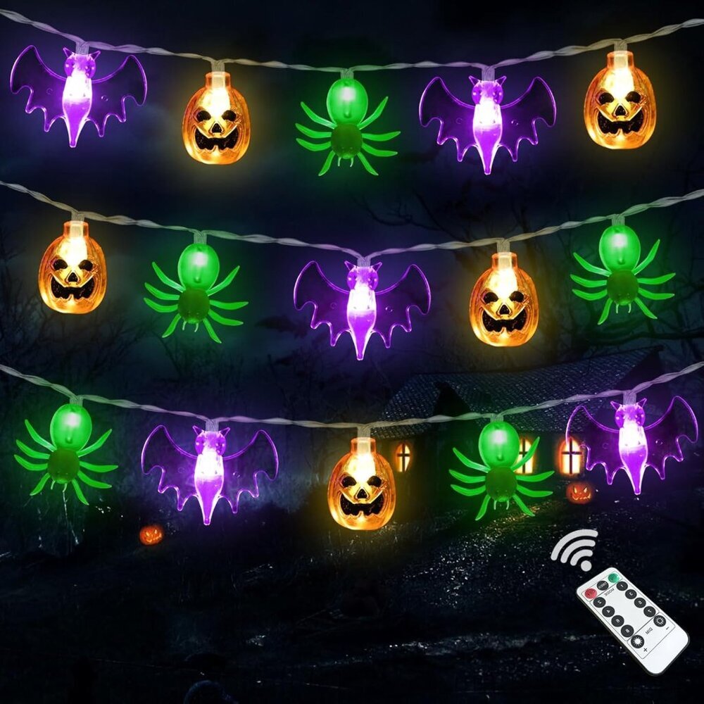 Halloween Lights, 16 FT 30 LED Waterproof 3D Pumpkin Bat Spider Battery Operated